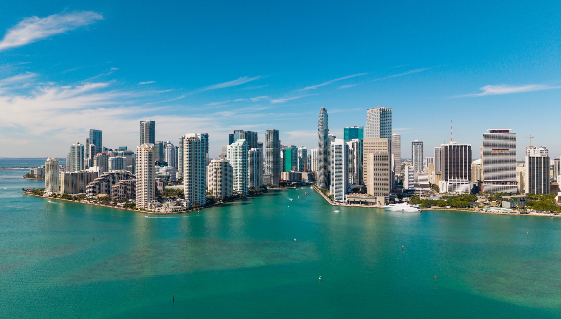 Panoramic modern architecture in Miami downtown, Florida. Miami skyline panoramic view. Aerial view of cityscape with skyscraper in Brickell Key, United States. Downtown Brickell Miami
